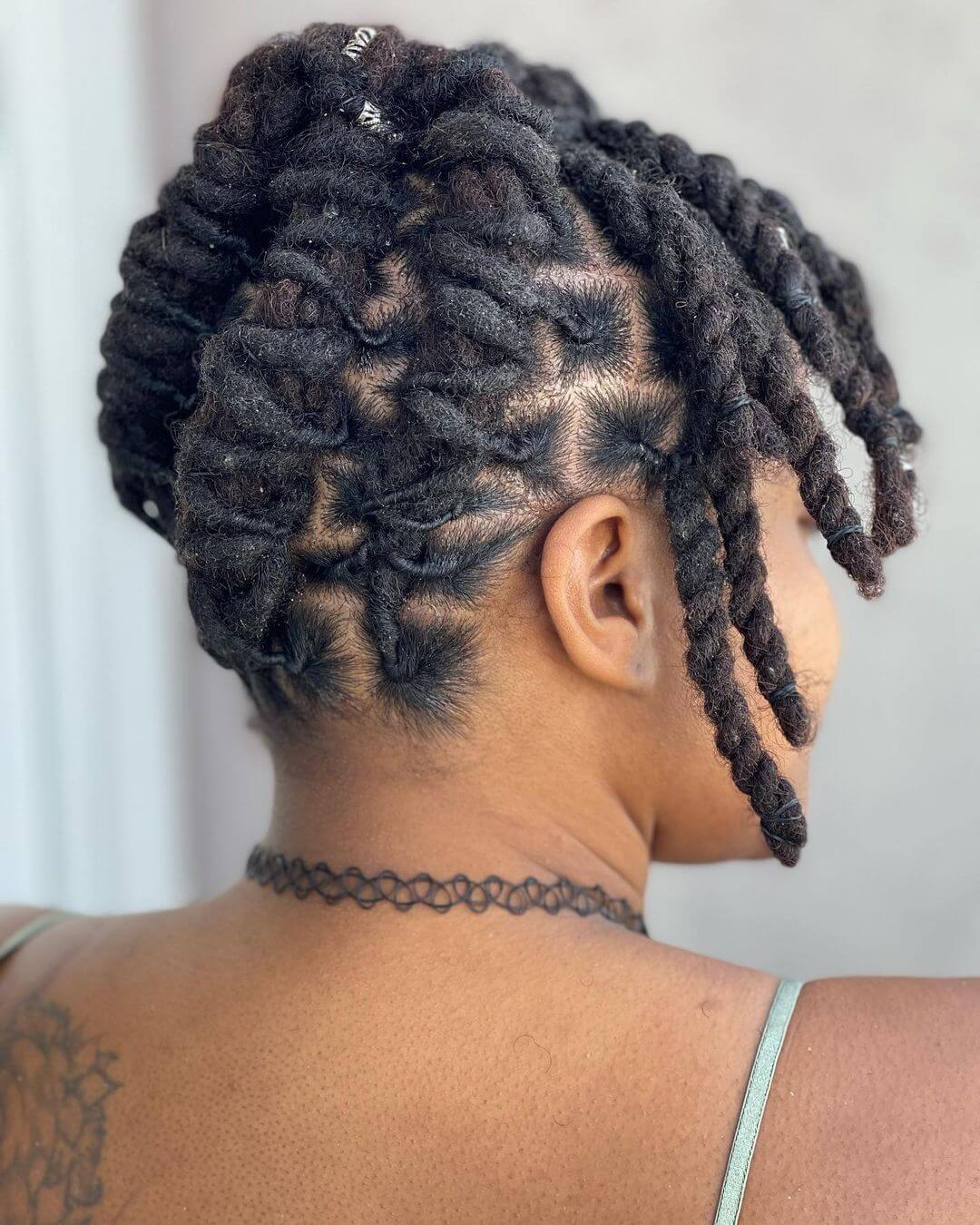 Braided dreadlocks positioned at the back, with strands flowing forward, framing the face.
