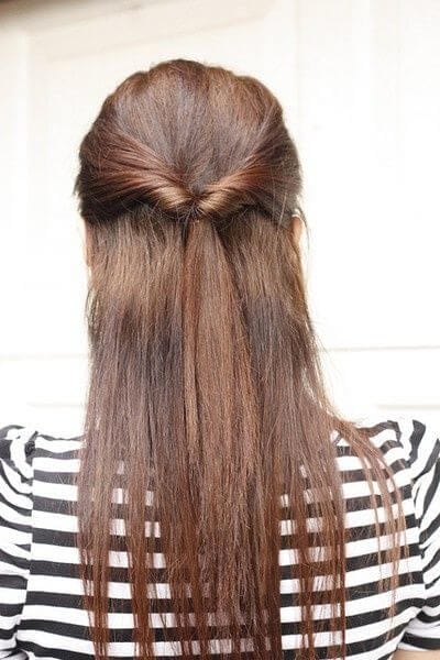 Half-up hairstyle with a neat twist at the back, smooth, straight hair cascading down. Dark brown tones with lighter highlights.