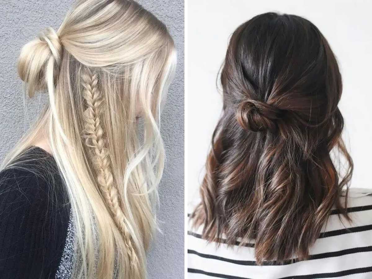 Blond half up half down updo on the left and on the right brunet half up half down updo.