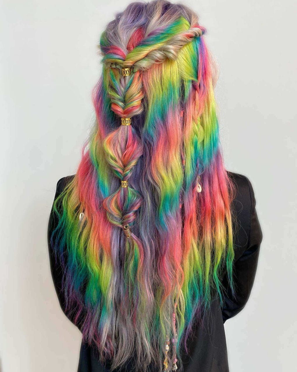 Bohemian rainbow braid in a multidimensional colorful mane.