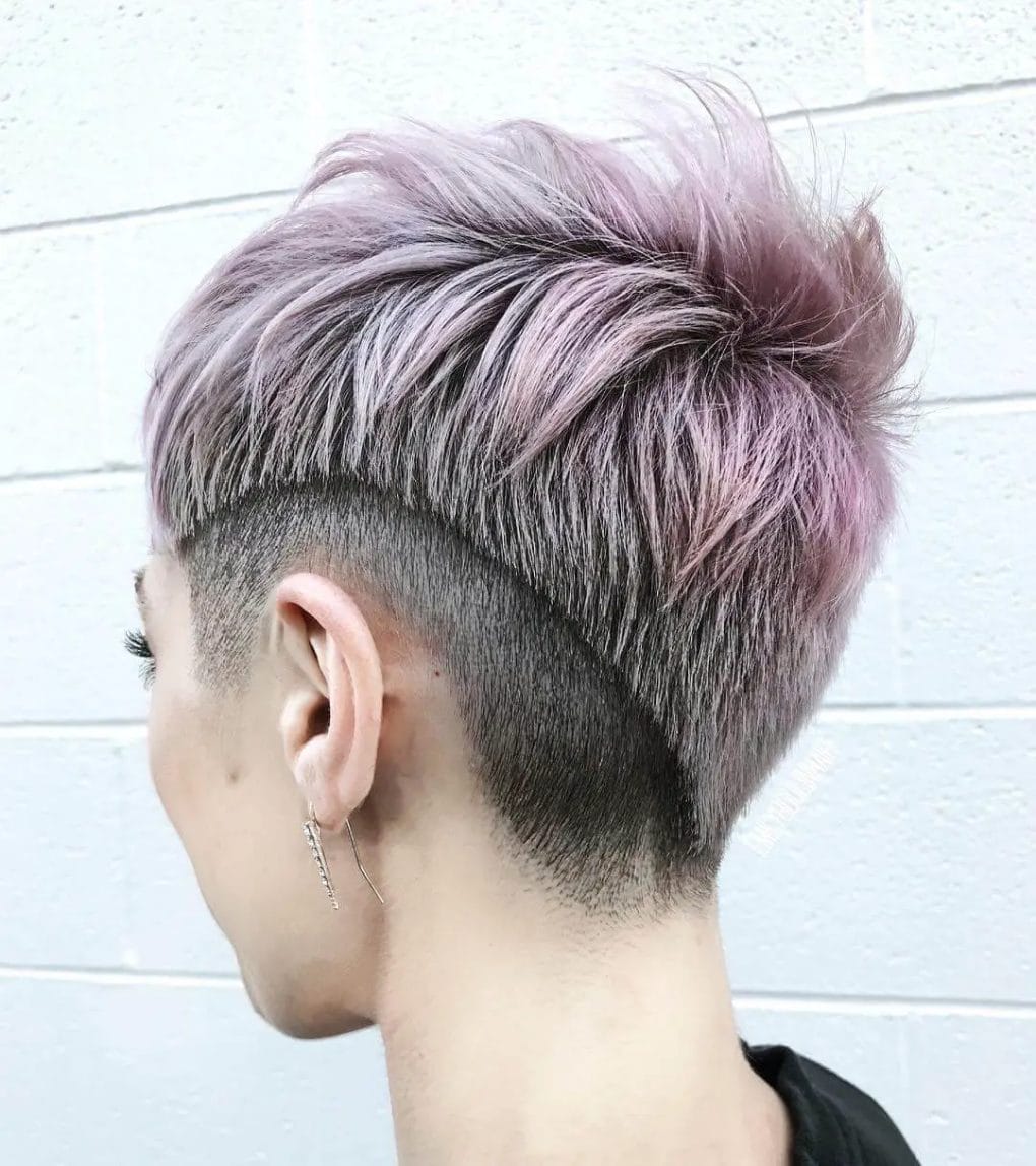 Metallic lilac pixie with pink rose tones and tight undercut.