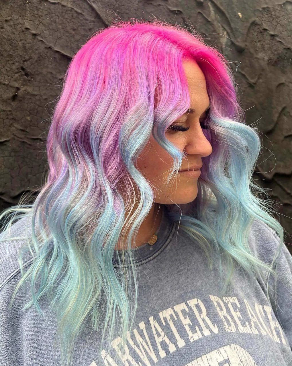 Bubblegum pink to pastel lilac and baby blue dreamy cotton candy hair.