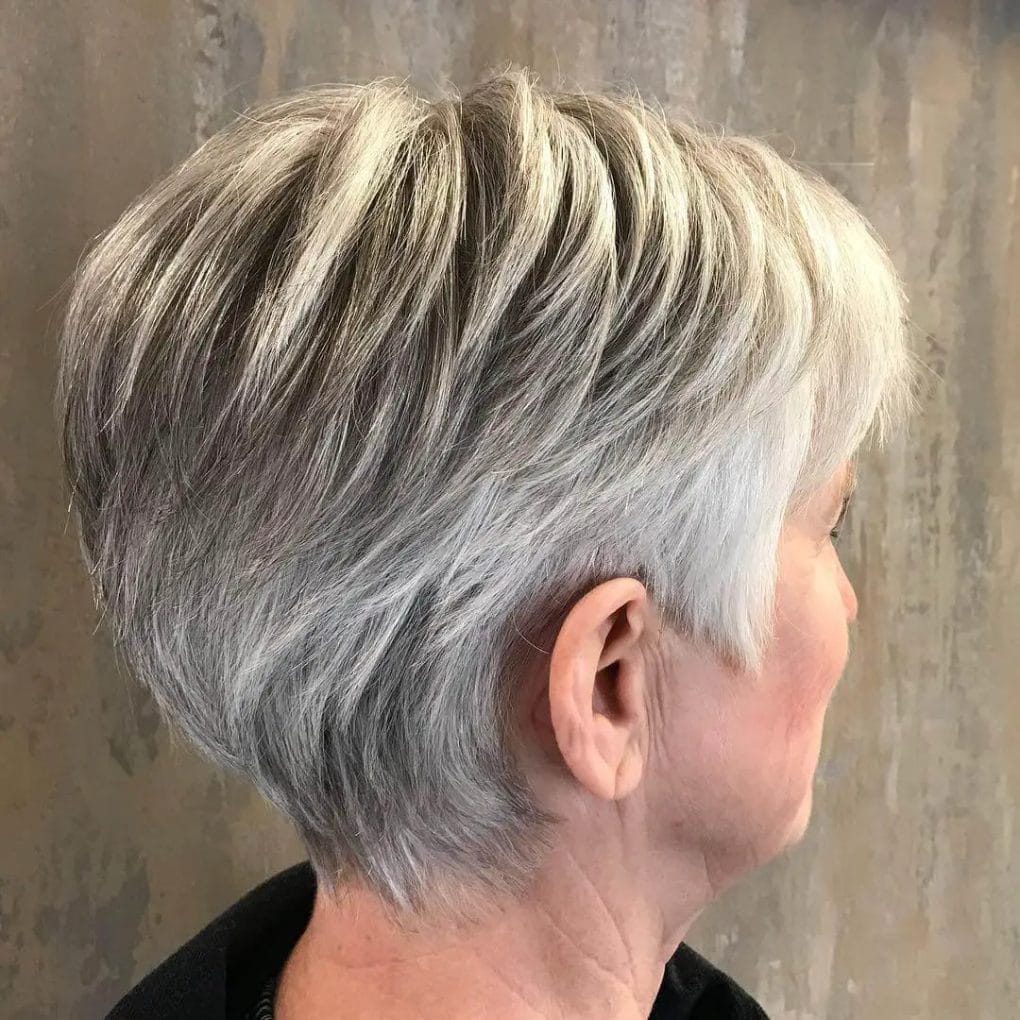 Silver-toned textured pixie cut for thick hair.