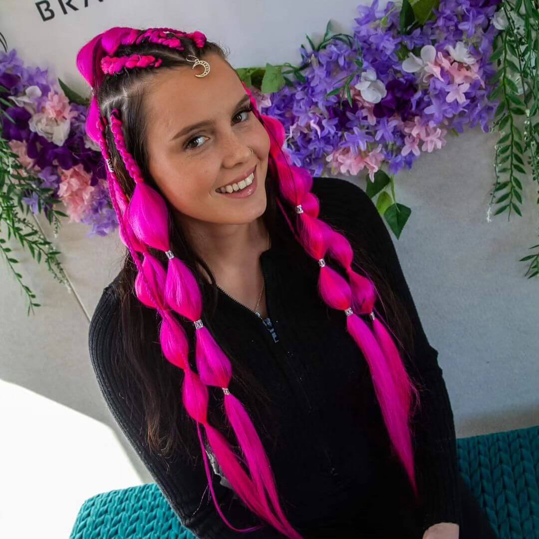 Electric pink Viking Bubble braids with silver bands.