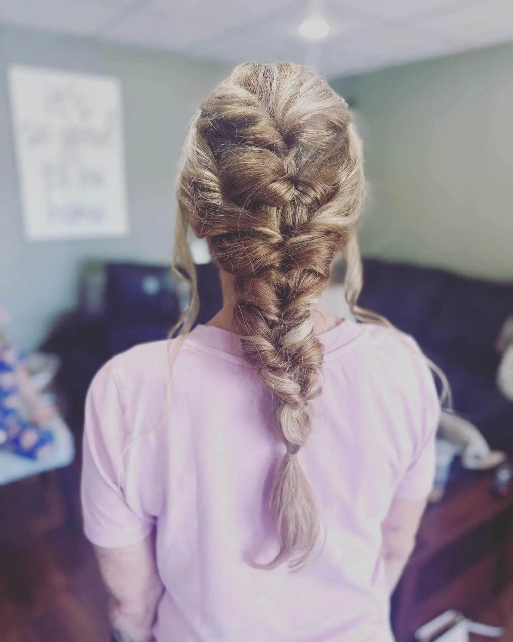 Romantic heart-shaped top French braid in luscious sandy blonde.