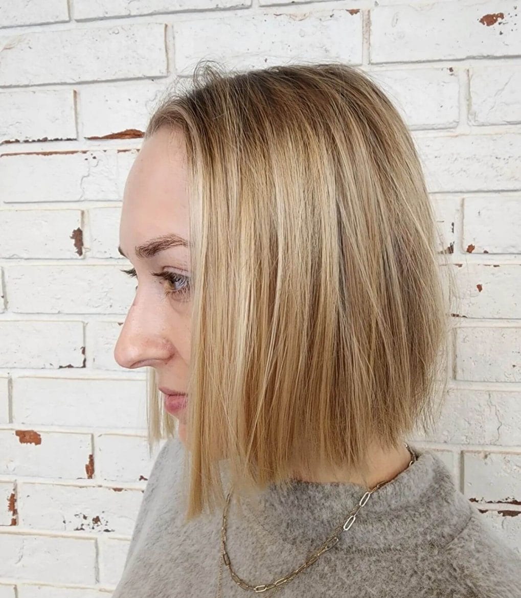 Honey and ash blonde shoulder-length bob.