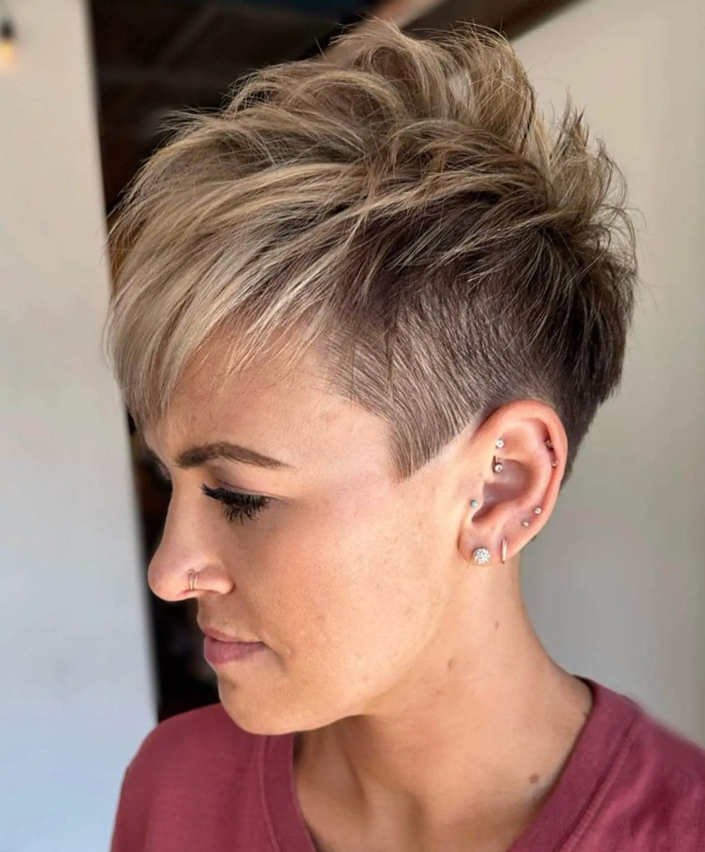 Honey-ash blonde pixie perfect for fine hair.