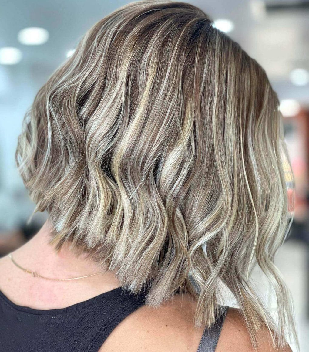 Layered bob, sandy blonde and cool brown balayage.