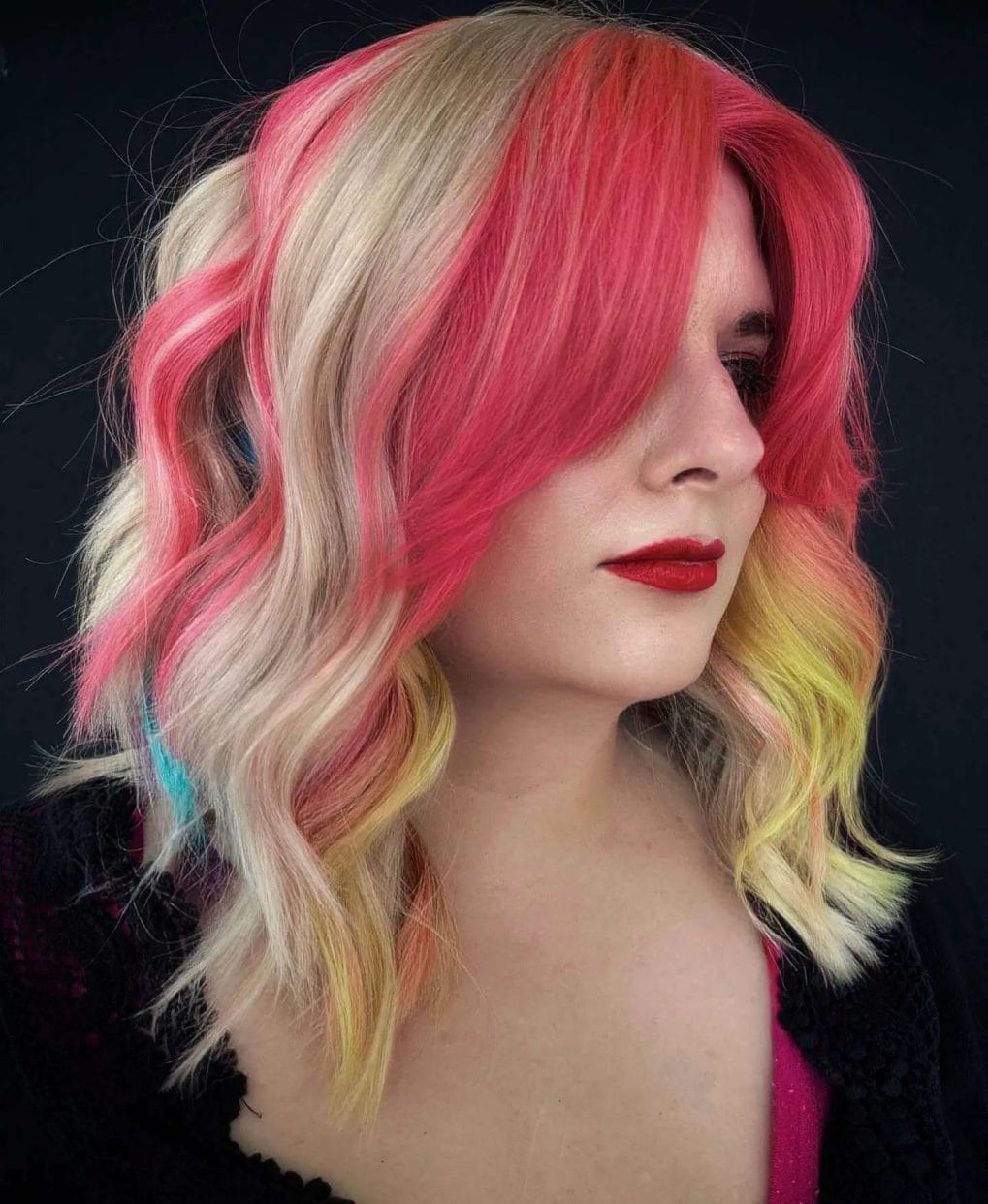 Vibrant hot pink crown melting into sandy blonde with turquoise and yellow accents.