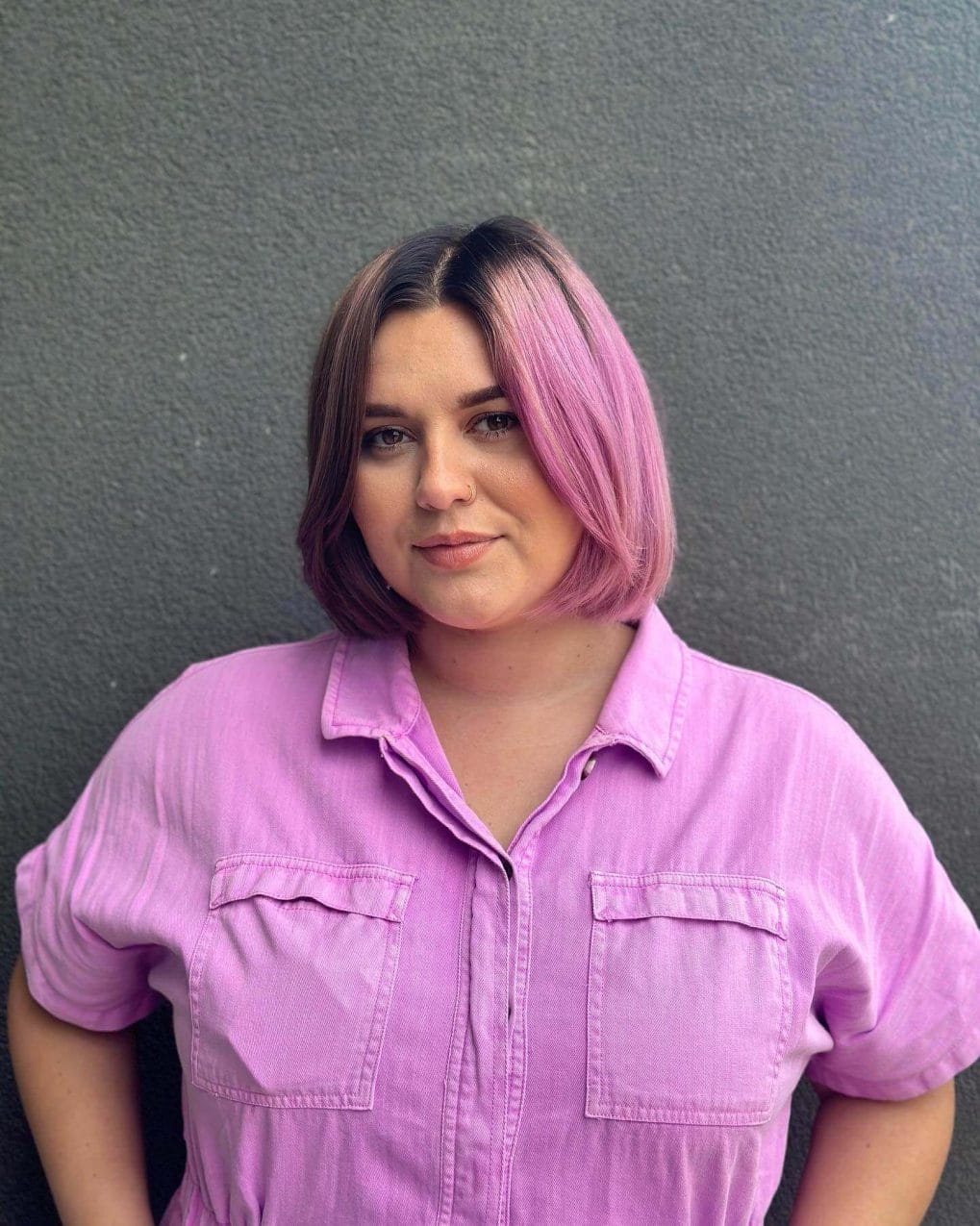 Striking pastel pink Italian bob.