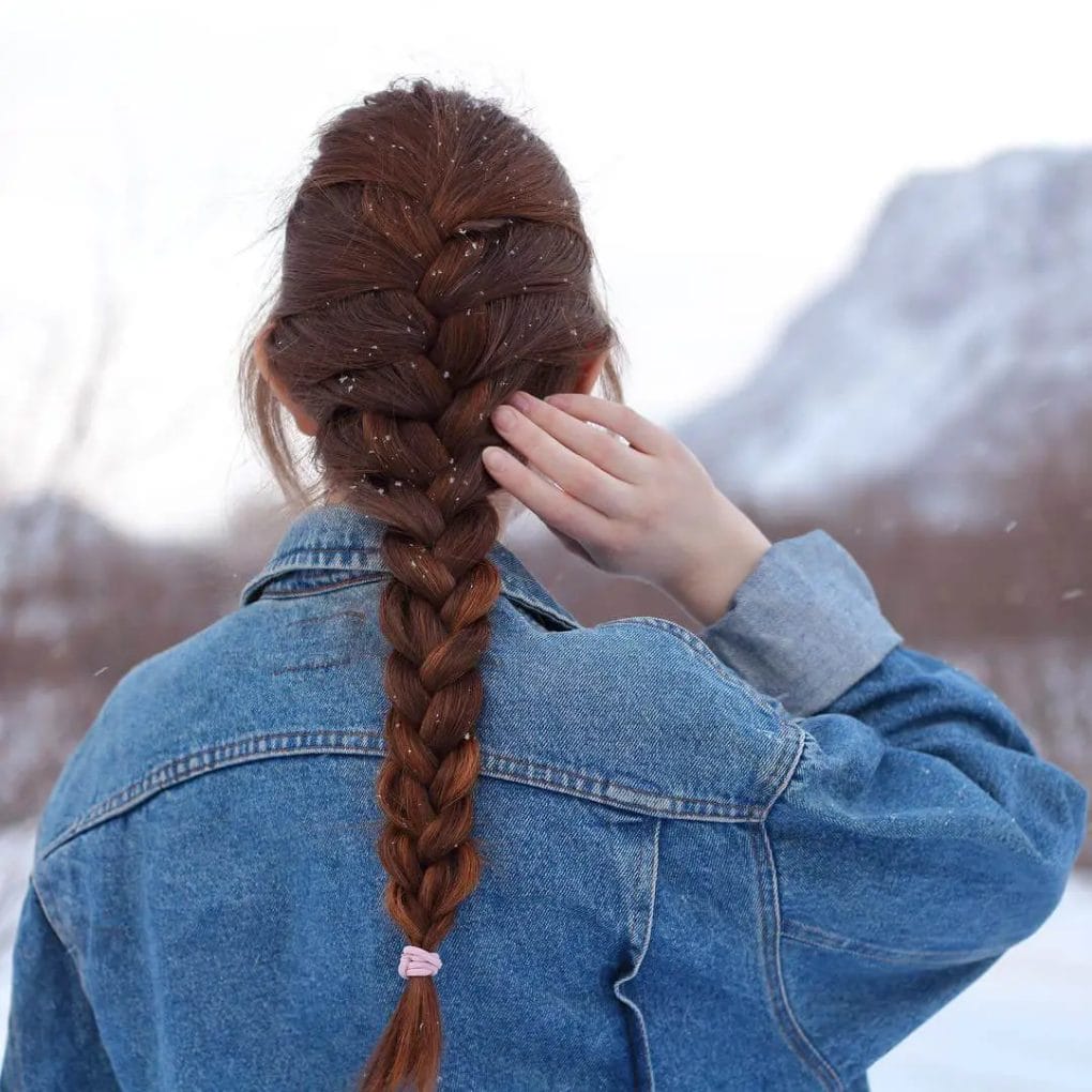 Luxuriously thick French braid in deep chestnut with mahogany undertones.