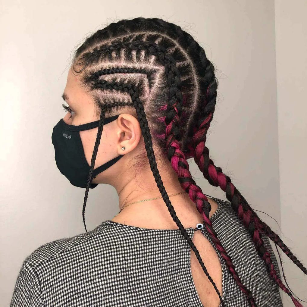Viking cornrows with bold magenta accents.