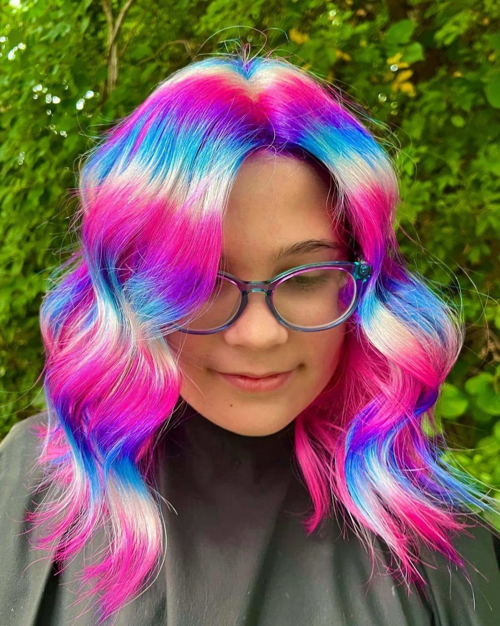 Vibrant watercolor fantasy with hot pink and electric blue highlights on silvery-white waves.