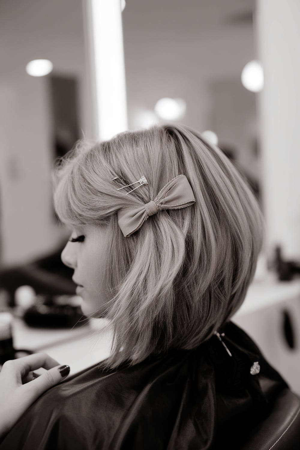 A woman with a layered bob haircut, featuring a bow hairpin and hair clips, sitting in a salon.