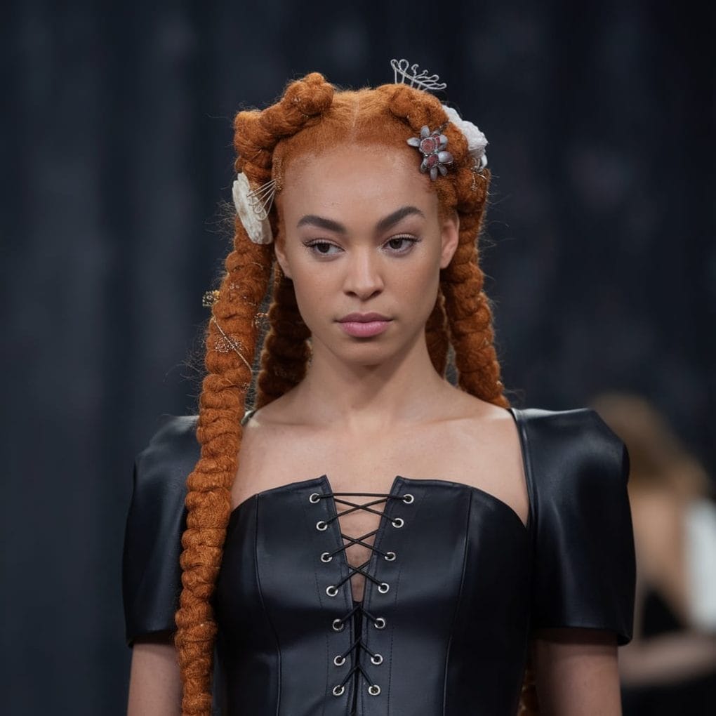A model with ginger hair styled in braids, adorned with decorative hair accessories.