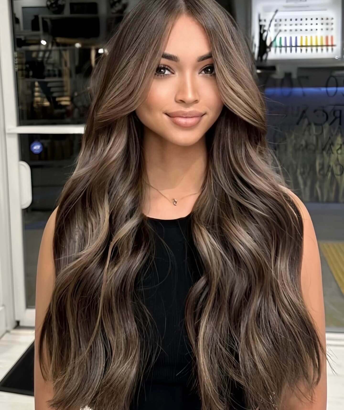 Ash and dark chocolate ribbon lights in flowing hair