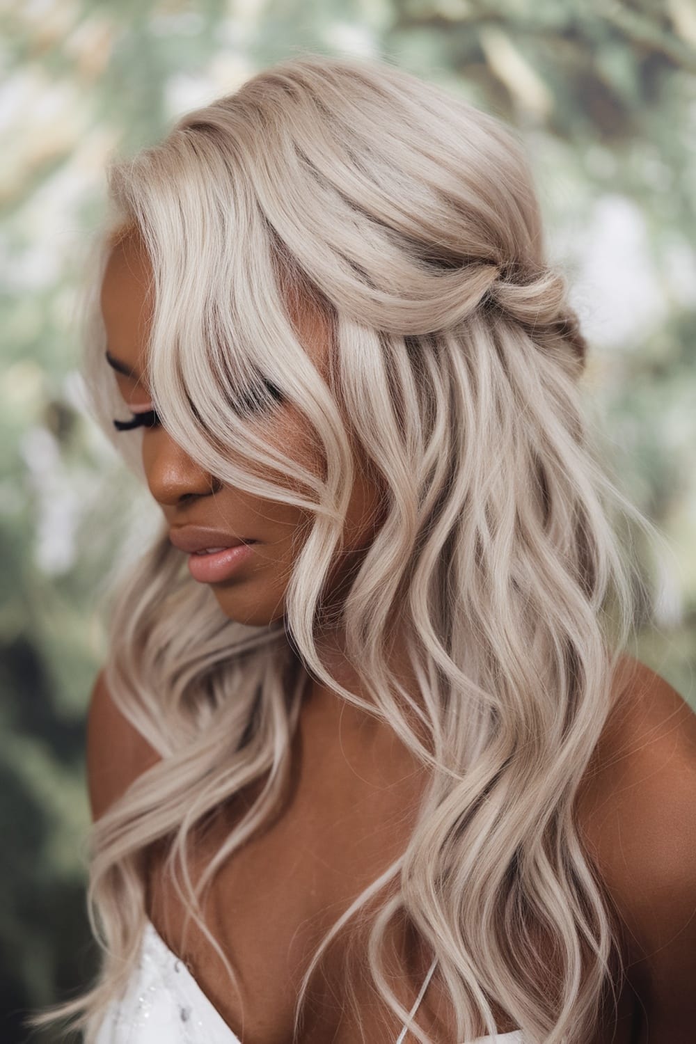 A woman with ash blonde, wavy hair styled elegantly, showcasing a soft and radiant look.