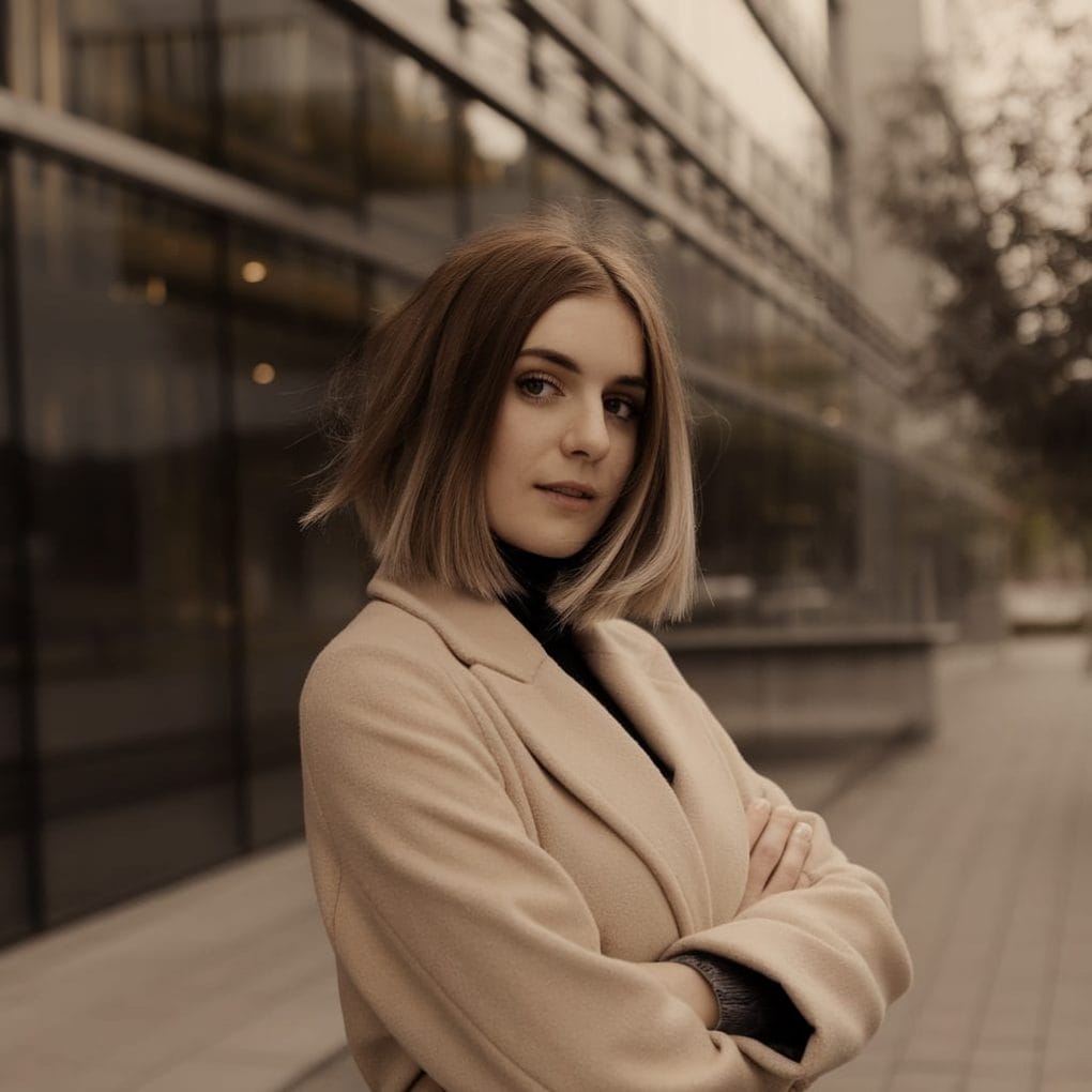 A woman with an asymmetrical bob haircut, wearing a light coat, stands confidently outdoors.