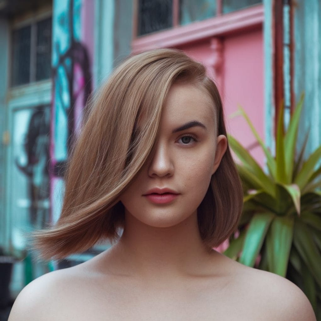 A woman with a stylish asymmetrical haircut, showcasing one side longer than the other against a colorful backdrop.