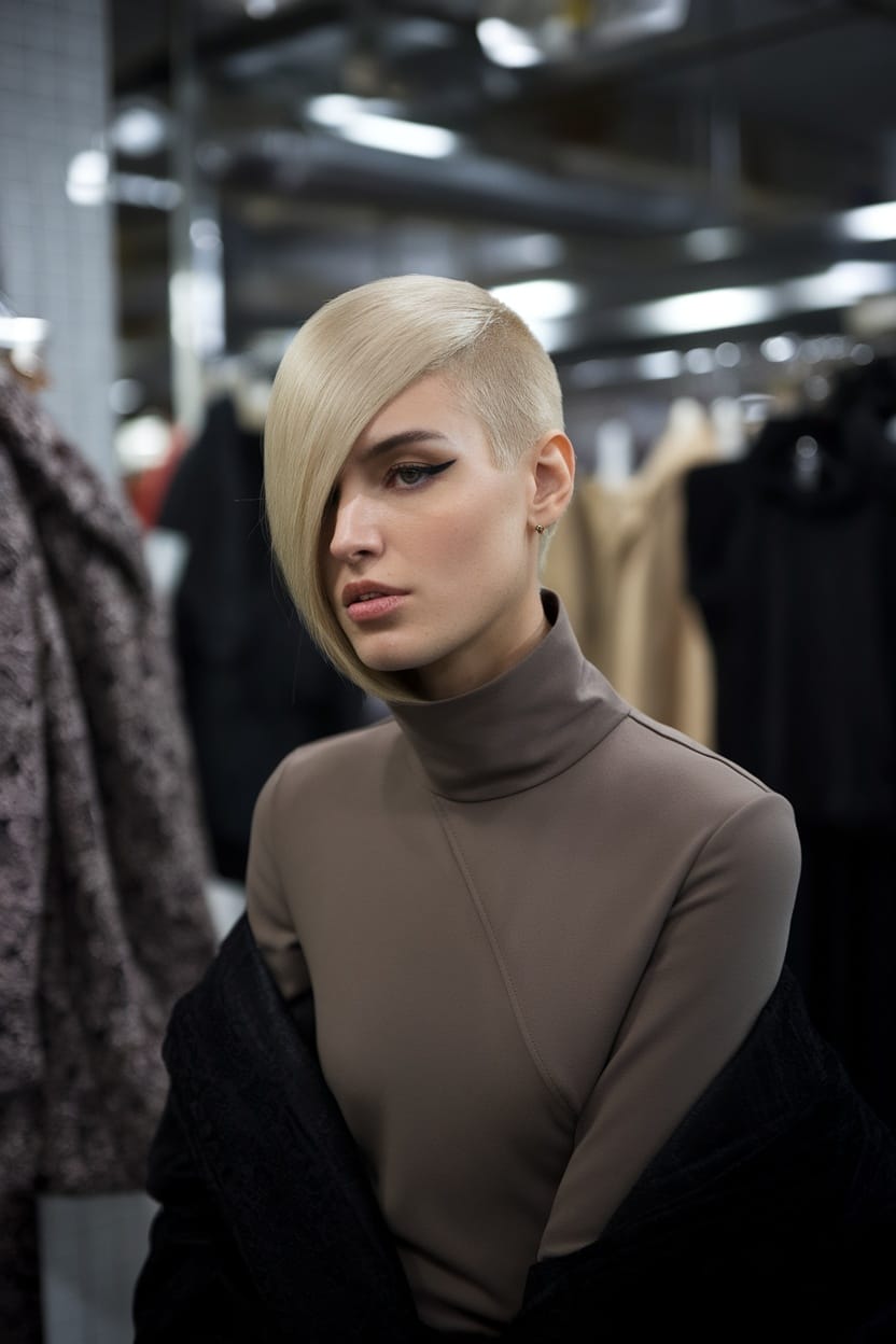 A woman with an asymmetrical hairstyle featuring short sides and long top, wearing a turtle neck outfit.