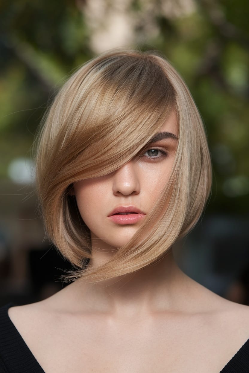 A model with an asymmetrical bob hairstyle, featuring side-swept bangs, showcasing a hairstyle for round face shape.
