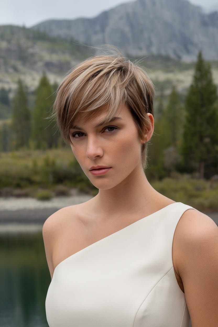 A woman with an asymmetrical pixie cut and highlights, wearing a stylish white dress, stands in a scenic outdoor setting.