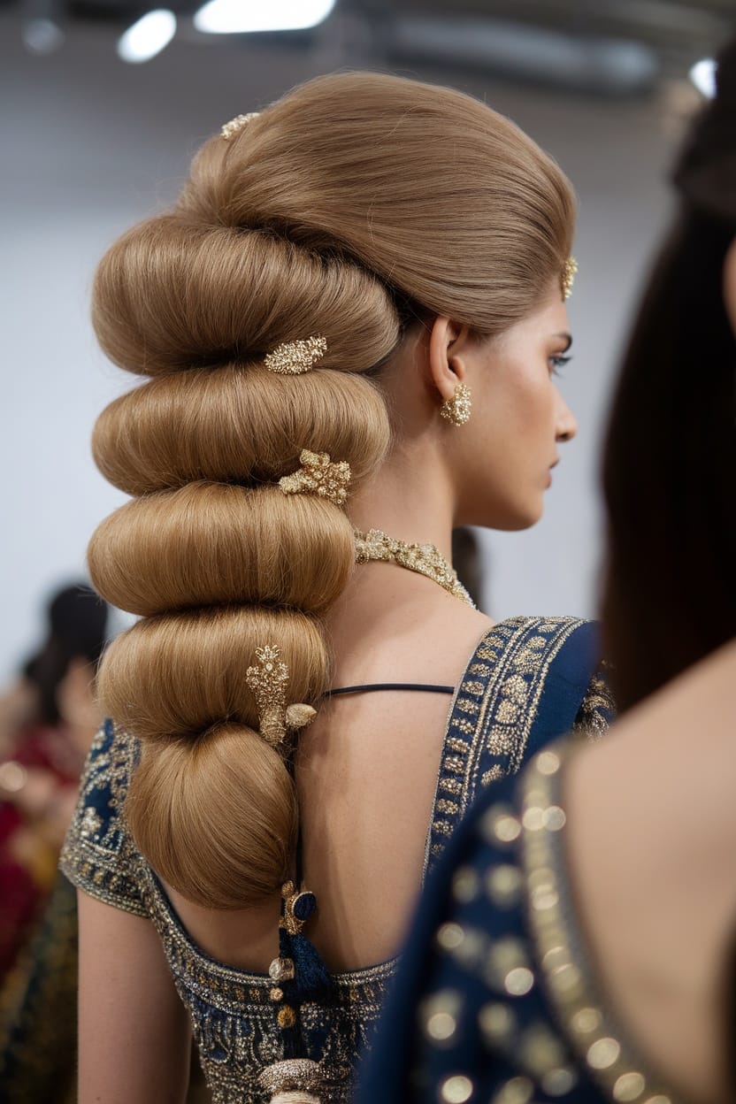 A hairstyle featuring backcombed volume with decorative pins, showcasing elegance suitable for a lehenga outfit.