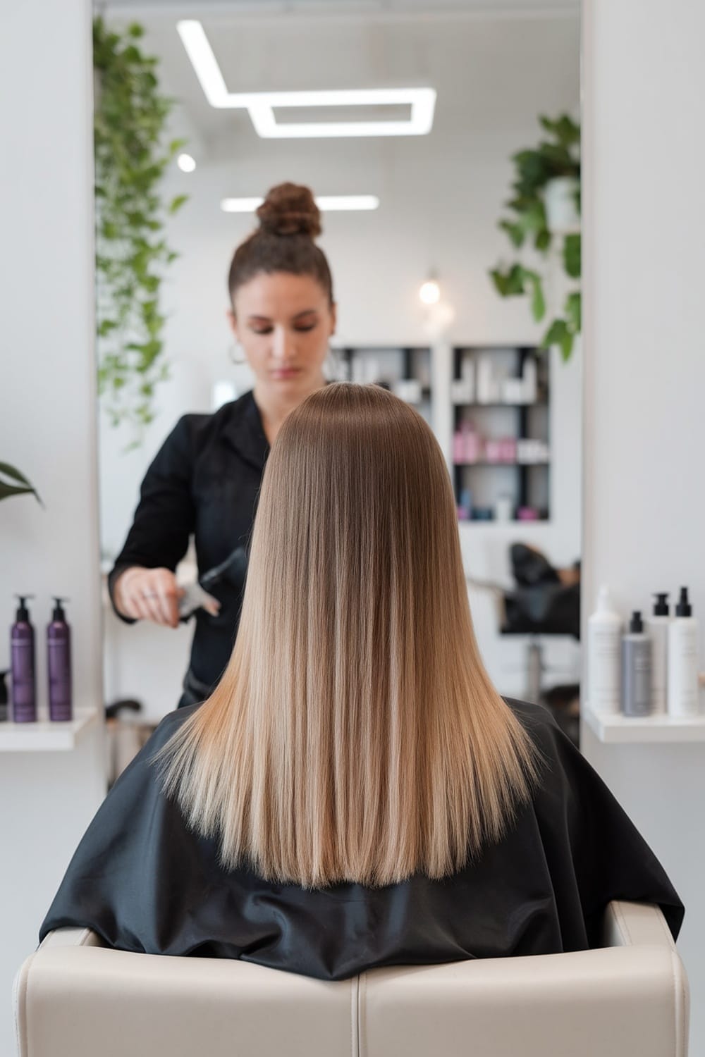 A stylist applying balayage to straight hair in a modern salon setting.