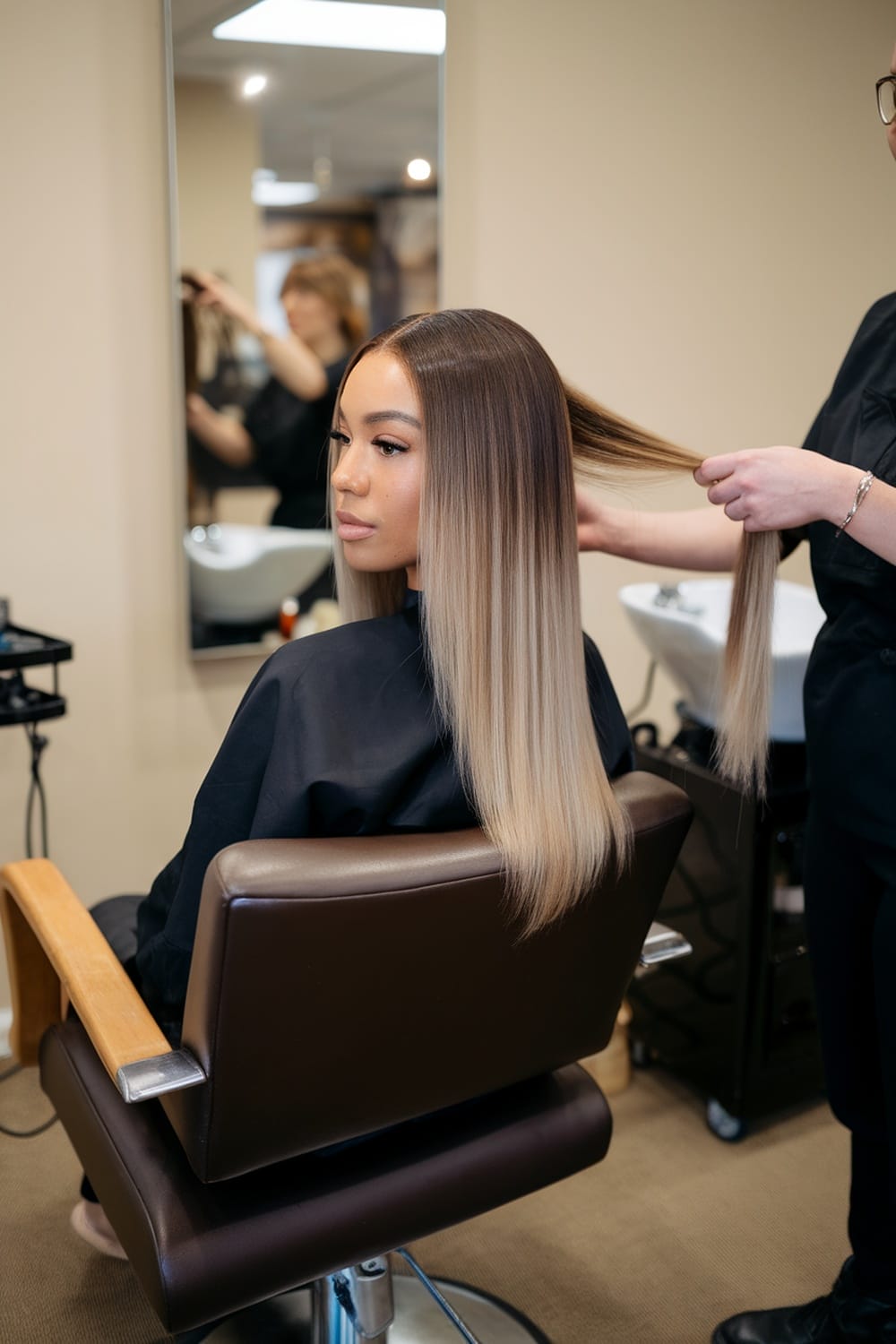 A woman with straight hair receiving a balayage treatment in a salon.