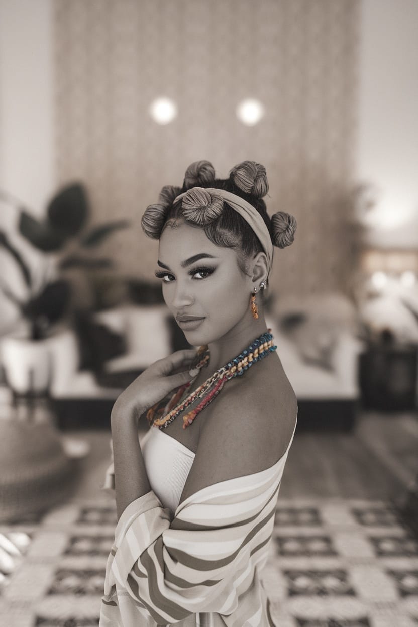 A woman with Bantu knots, wearing colorful accessories, showcasing a chic look in a stylish setting.