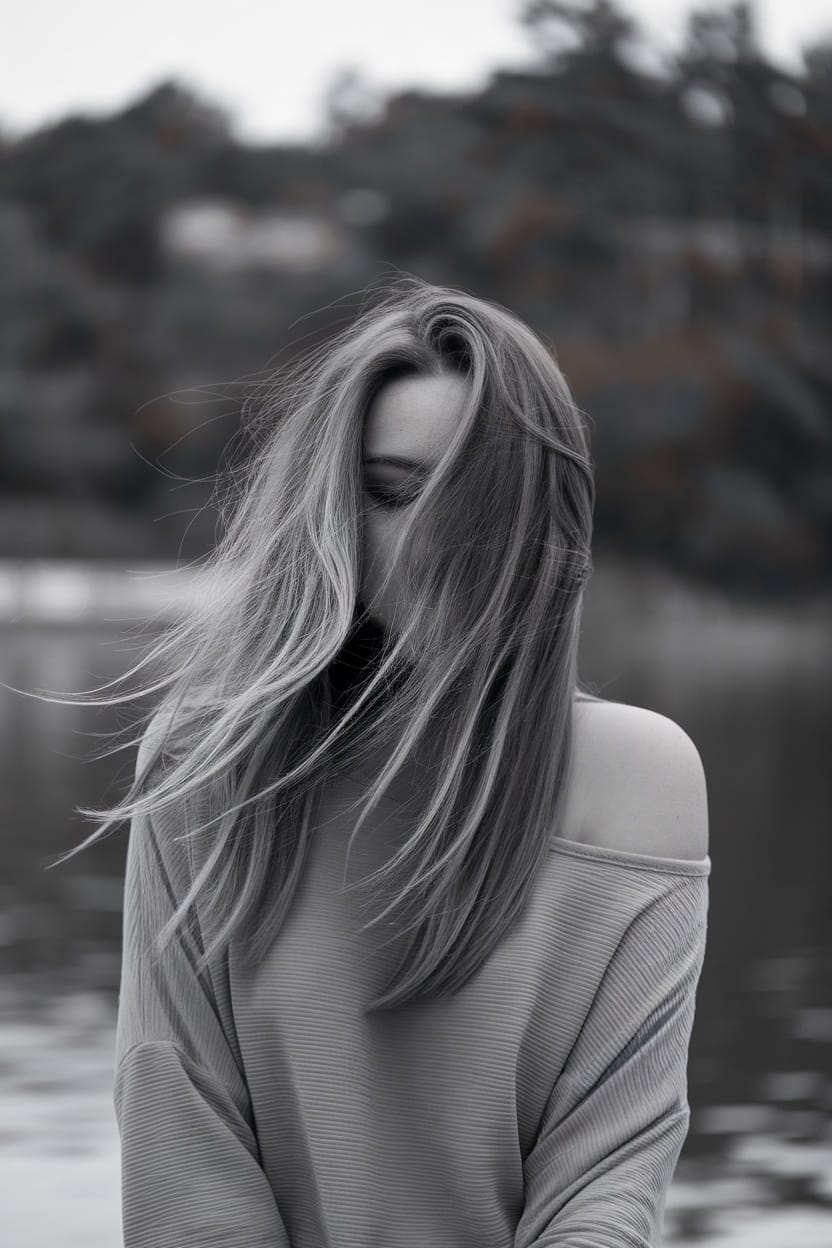 A woman with flowing hair styled in beachy waves wearing an off-shoulder top