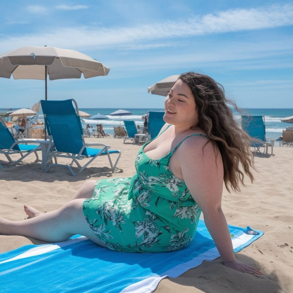 A smiling woman with beachy waves sitting on a sandy beach, enjoying the sunny weather.