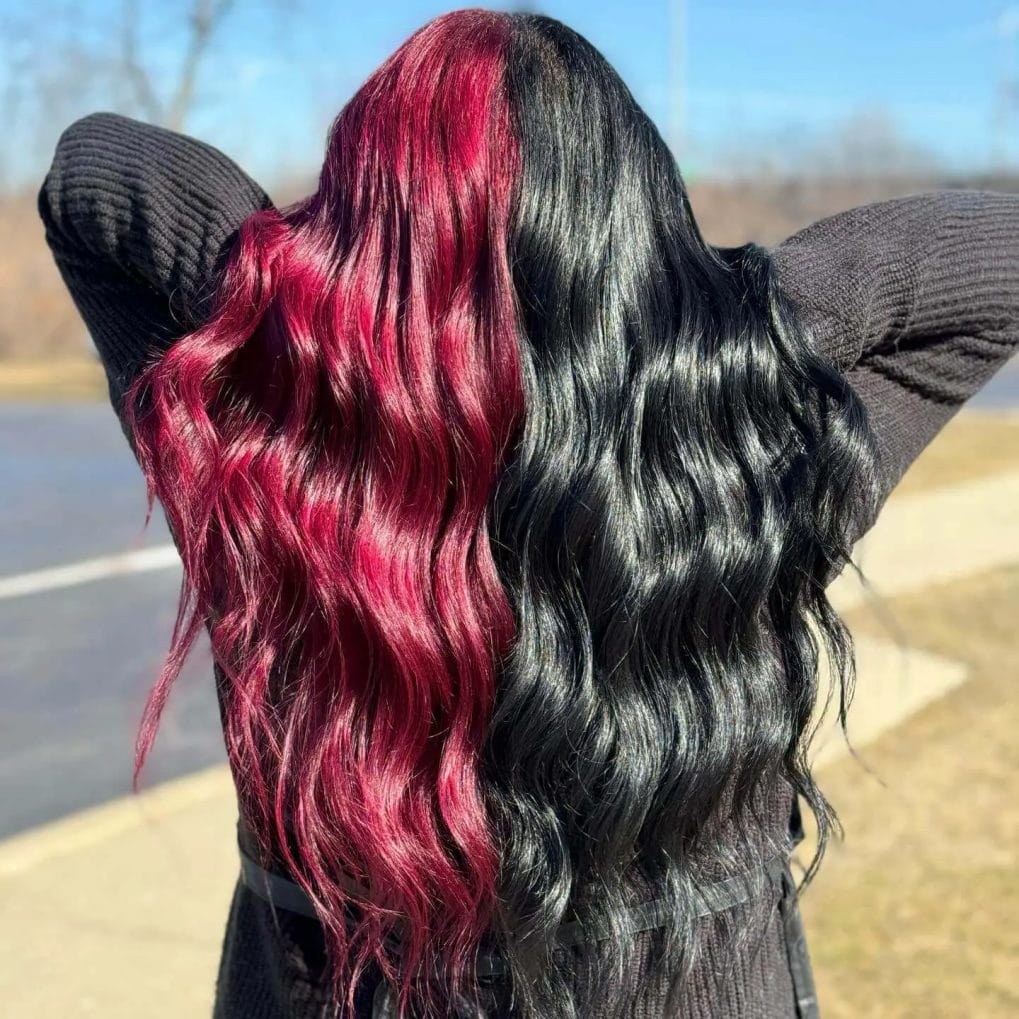 Luxurious deep black and rich red in long wavy look