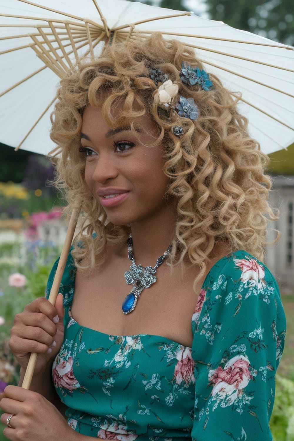 A woman with blonde curly hair, holding a parasol, adorned with floral hair accessories and wearing a green floral dress.