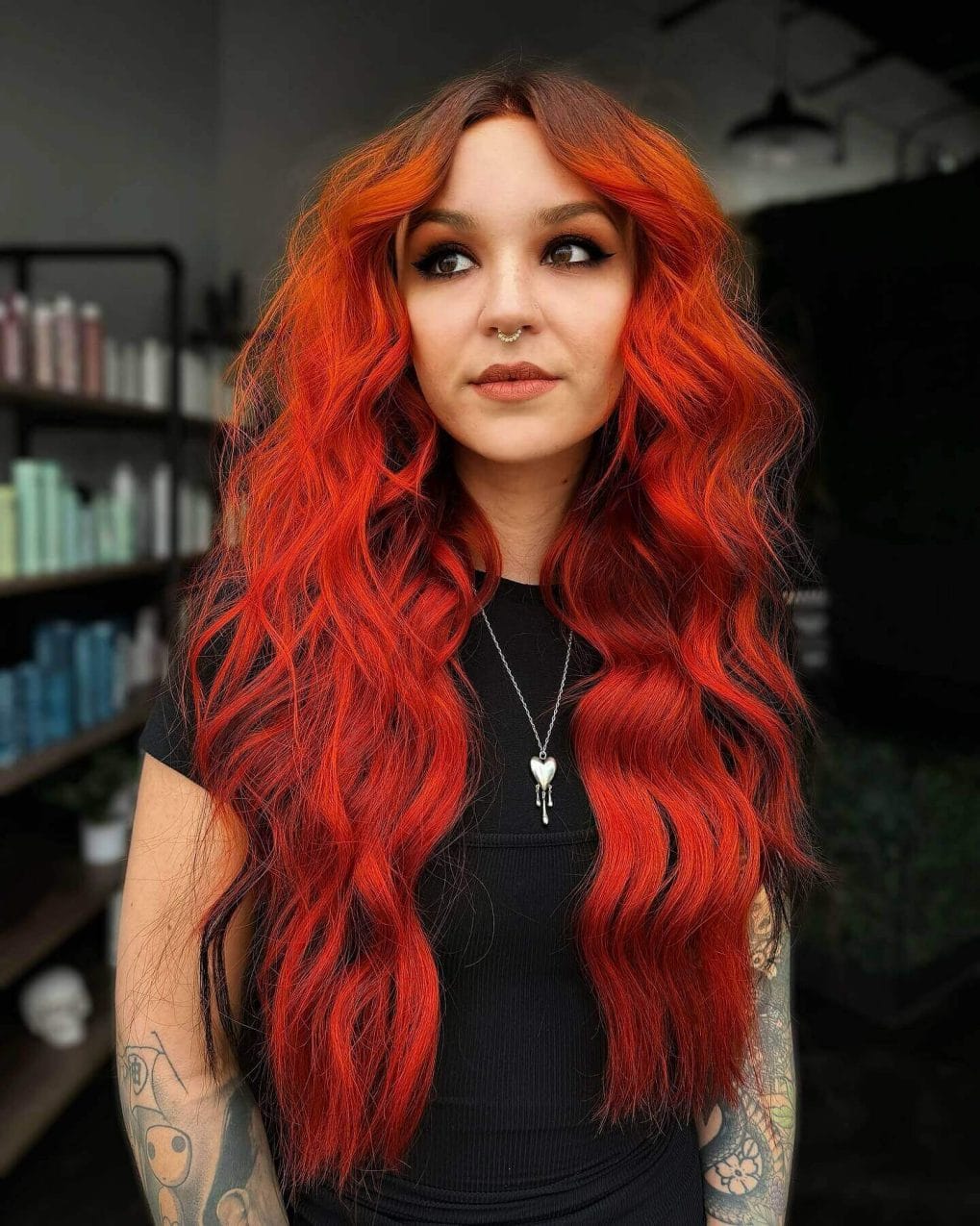 Bohemian summer festival vibes with deep red and orange waves