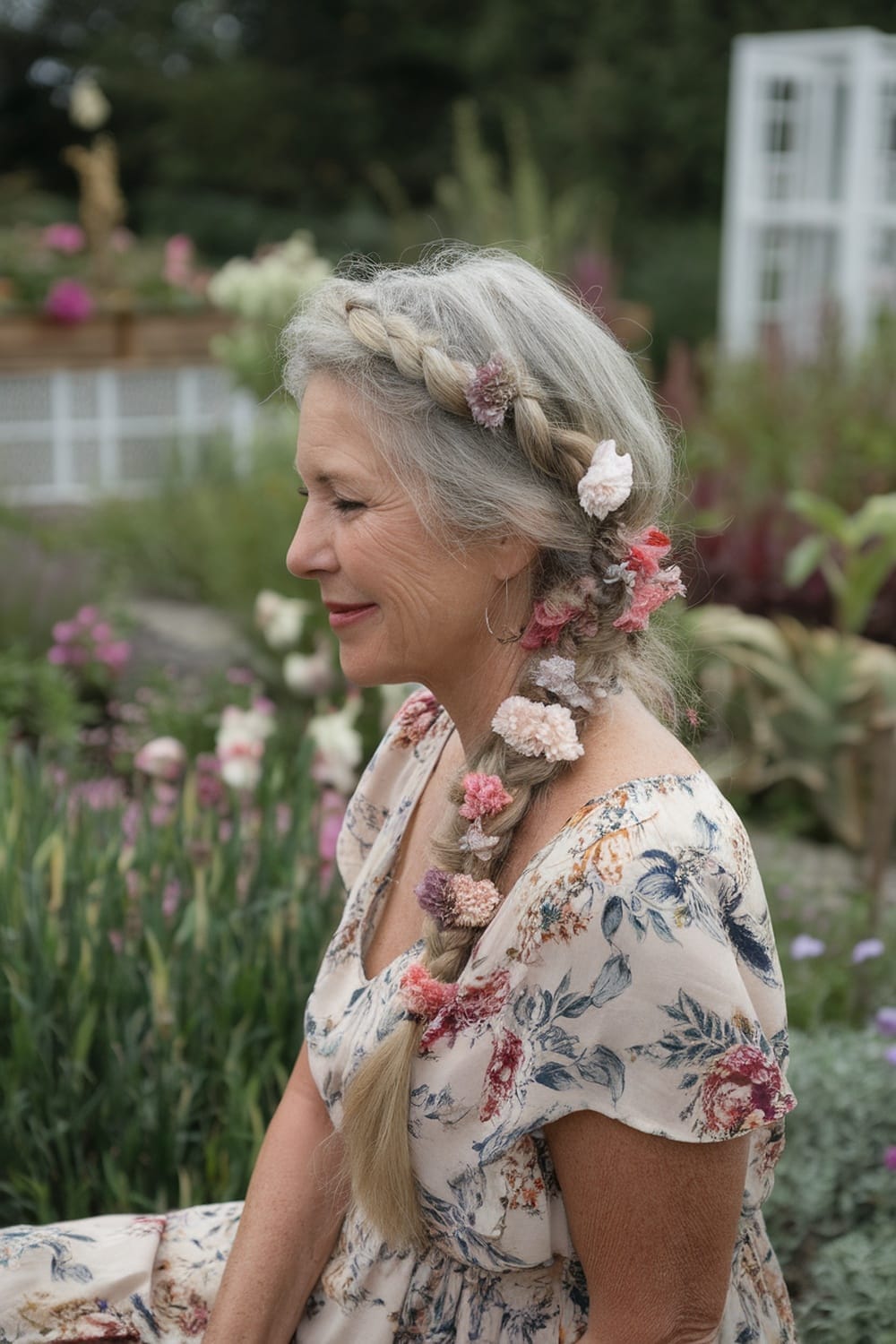 A woman with gray hair styled in a bohemian braid adorned with colorful floral accents, sitting in a garden.