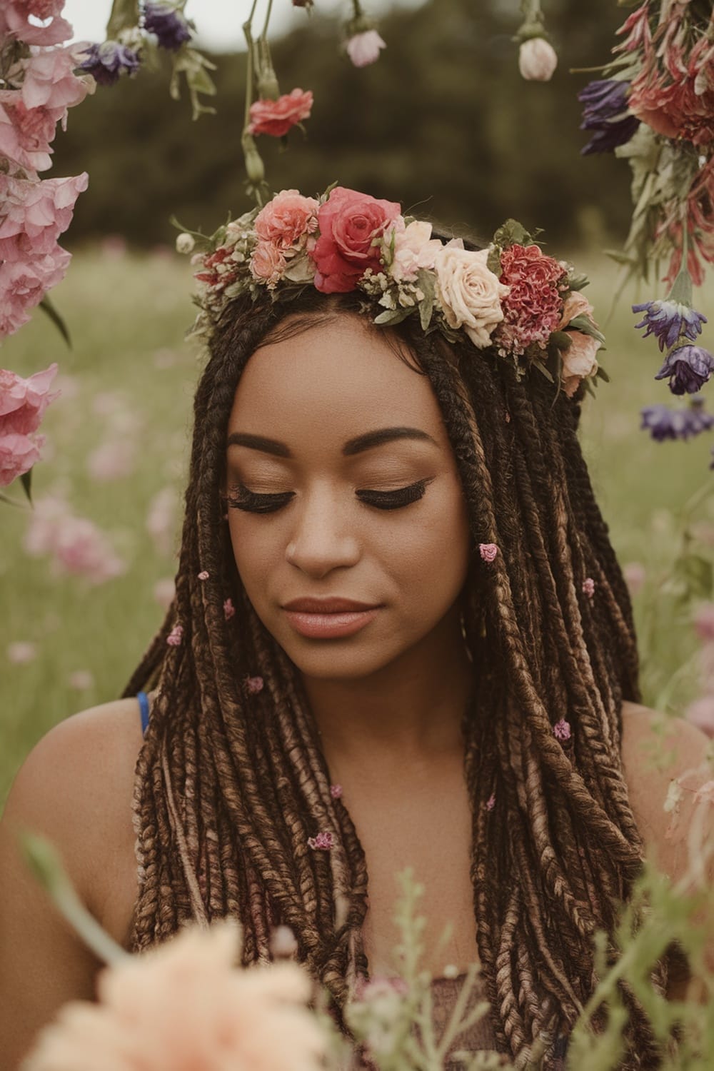 A woman with braided hair adorned with flowers in a field of blooming flowers.