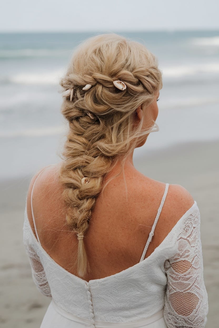 A mother of the bride with a Bohemian loose braid decorated with shells, standing by the beach.