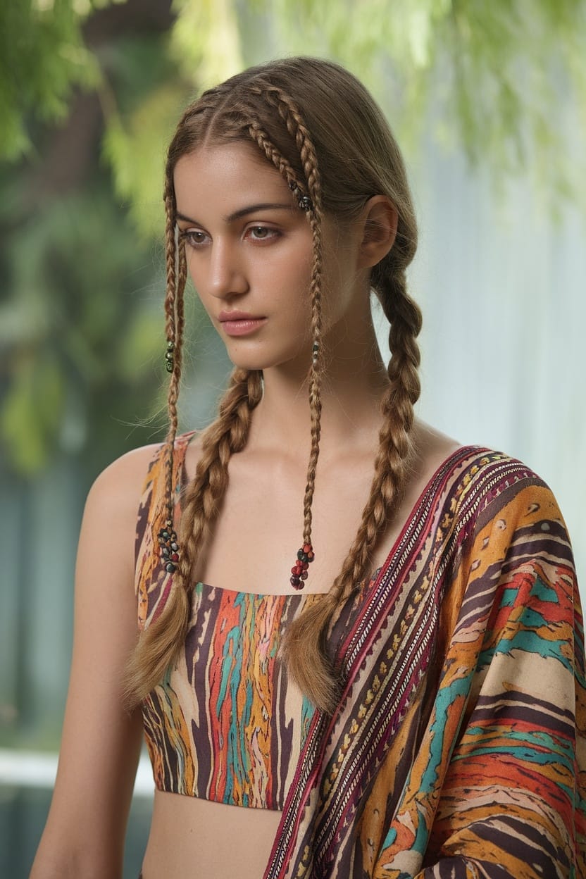 A model with bohemian loose braids decorated with beads, wearing a colorful lehenga.