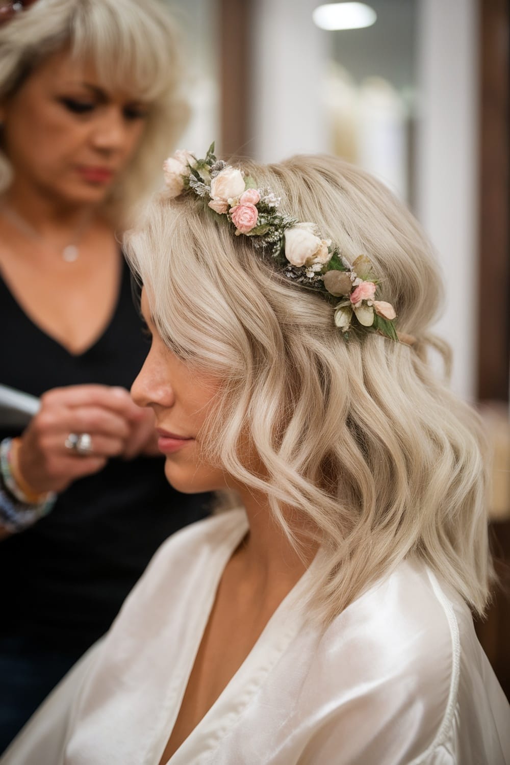A woman with loose waves and a floral headband, getting ready for a wedding.
