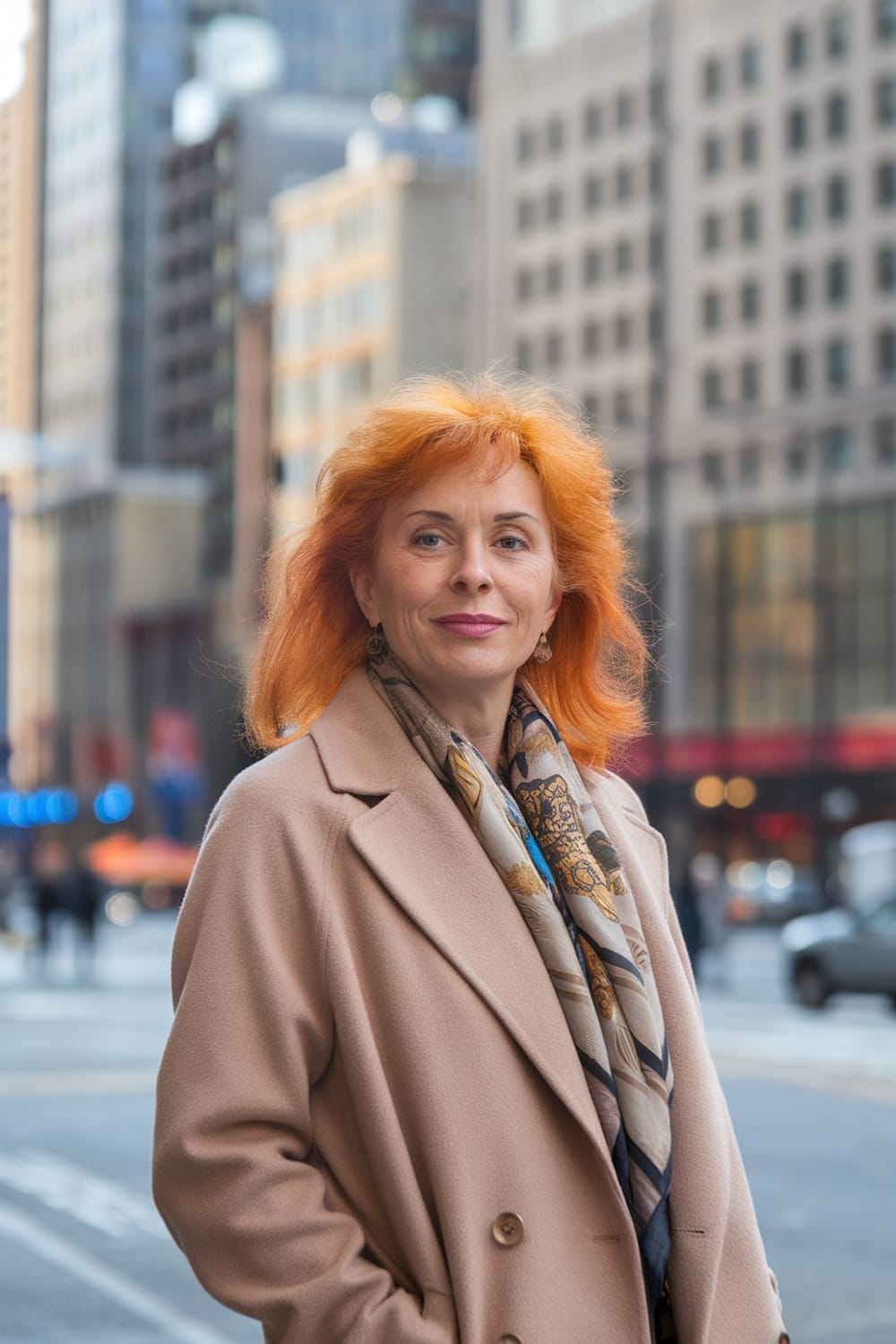 A woman with bright orange long hair, wearing a beige coat and scarf, smiling confidently in an urban setting.