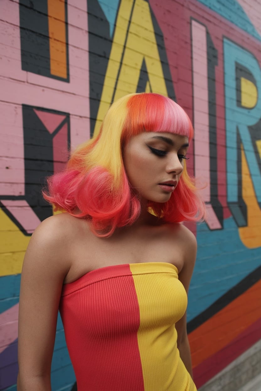 A model with vibrant pink and yellow hair wearing a tube dress with red and yellow blocks, set against a colorful wall.