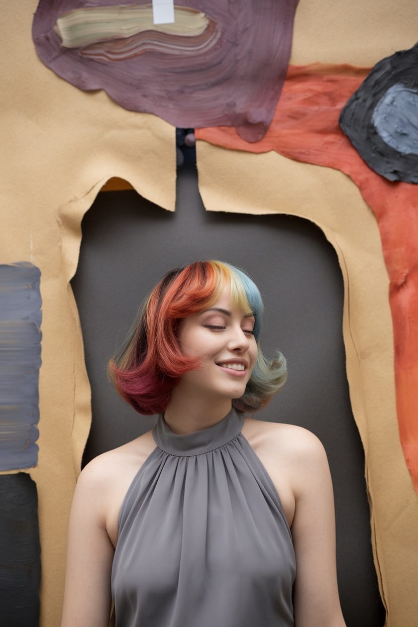 A woman with colorful highlights in her hair, wearing a halter neckline top, smiling softly.