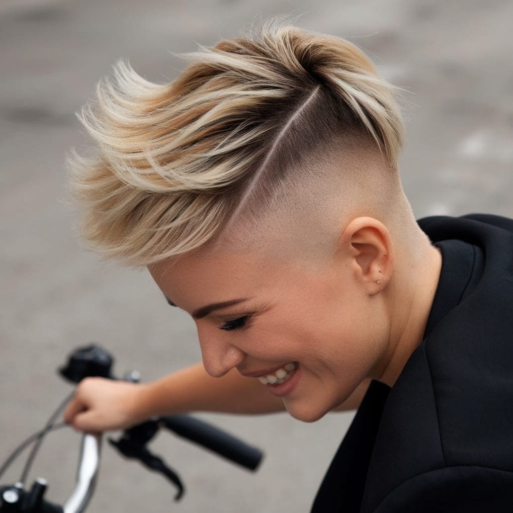 A woman with a bold fade hairstyle and textured top, smiling while riding a bicycle.