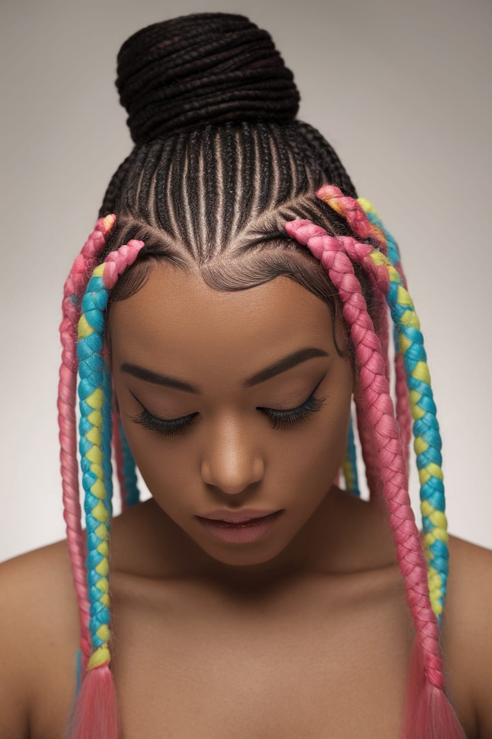 A woman with a low half up hairstyle featuring colorful braided extensions, showcasing a stylish and vibrant look.