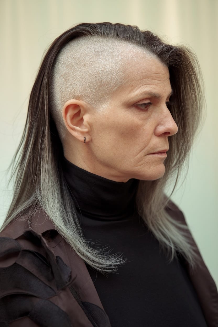 A woman over 60 with a bold undercut hairstyle, featuring shaved sides and long hair on top.