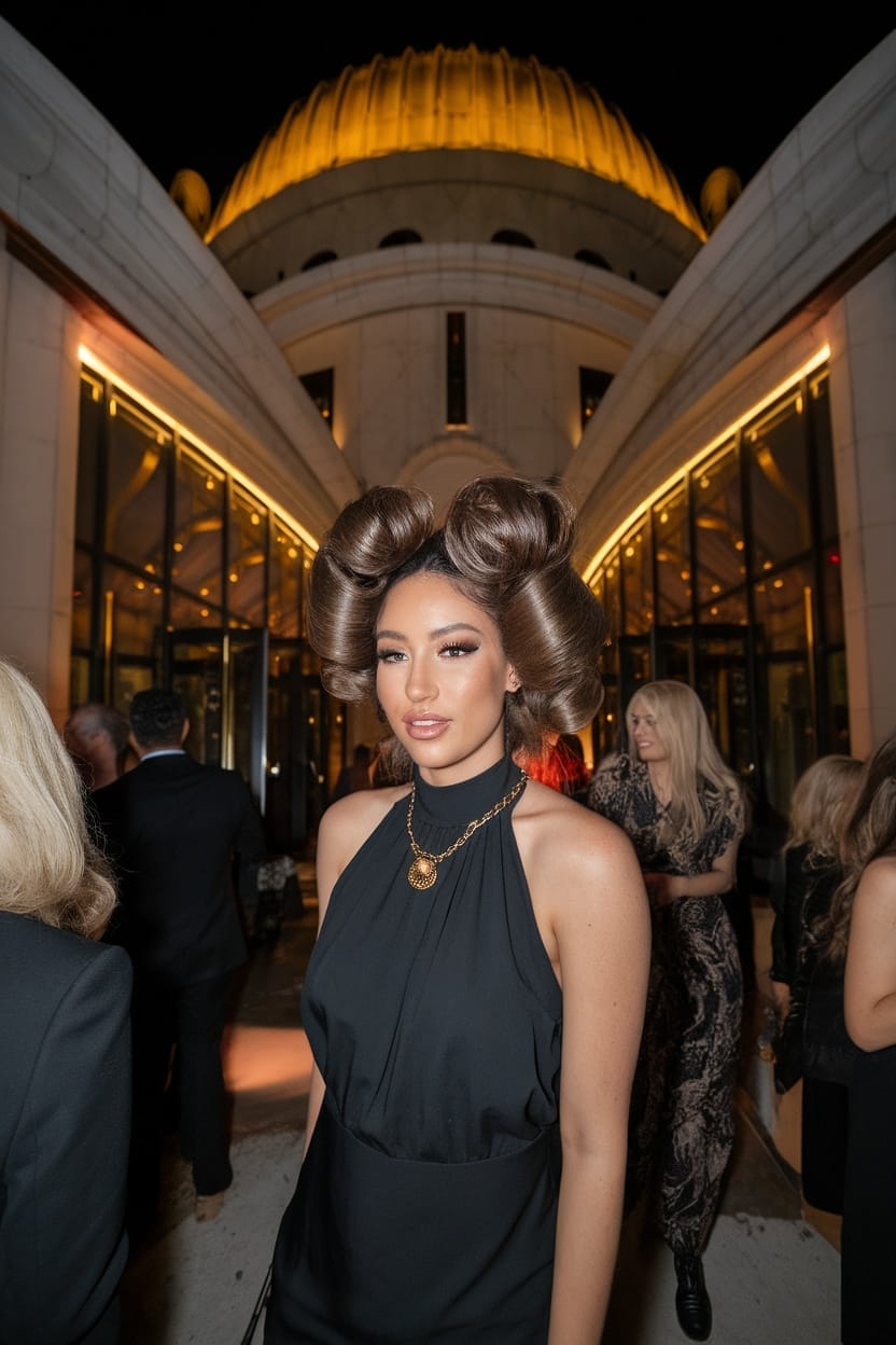 A woman with a bouncy blowout hairstyle, featuring large curls, posing in an elegant setting.