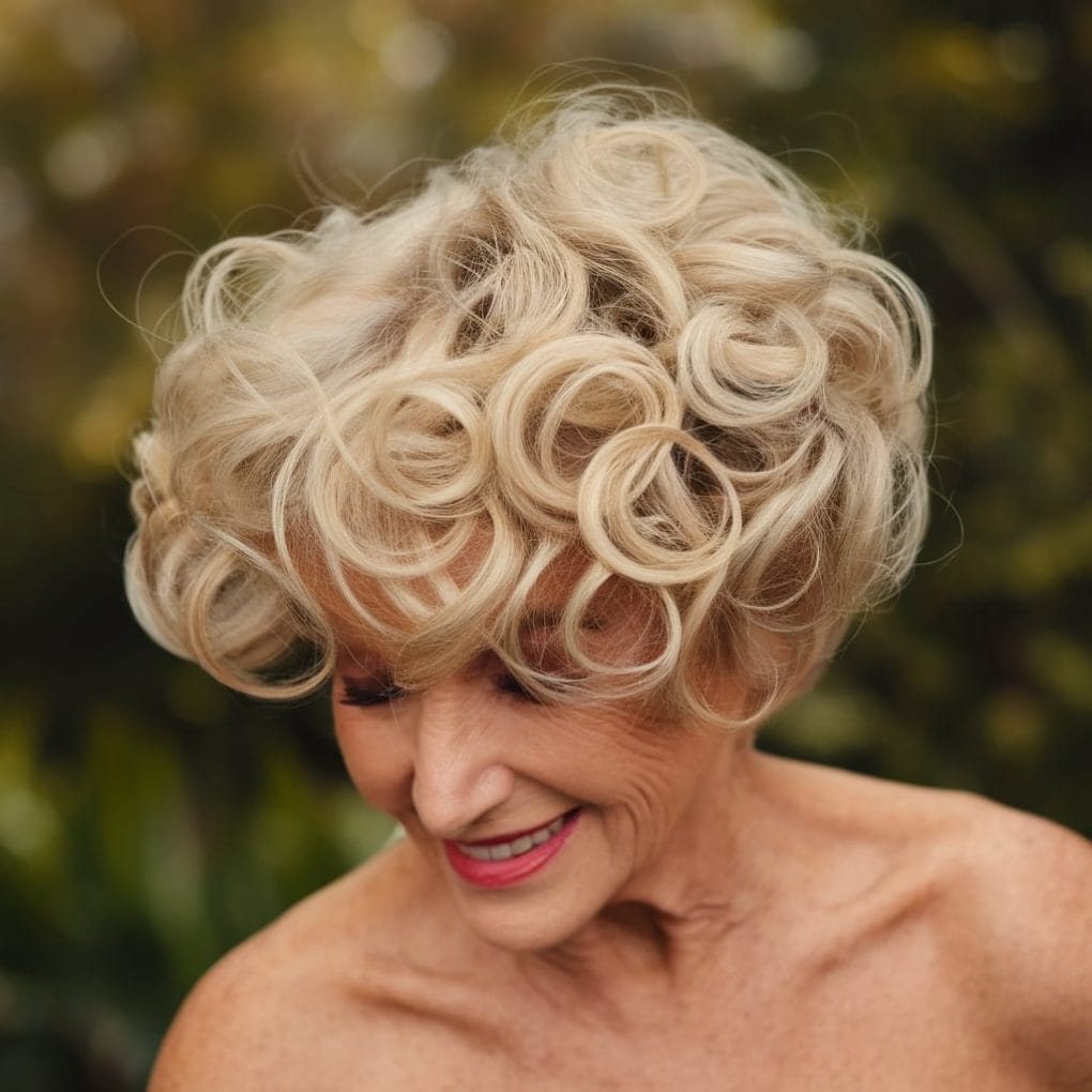 Older woman with bouncy curled pixie hairstyle, showcasing soft curls and a radiant smile.