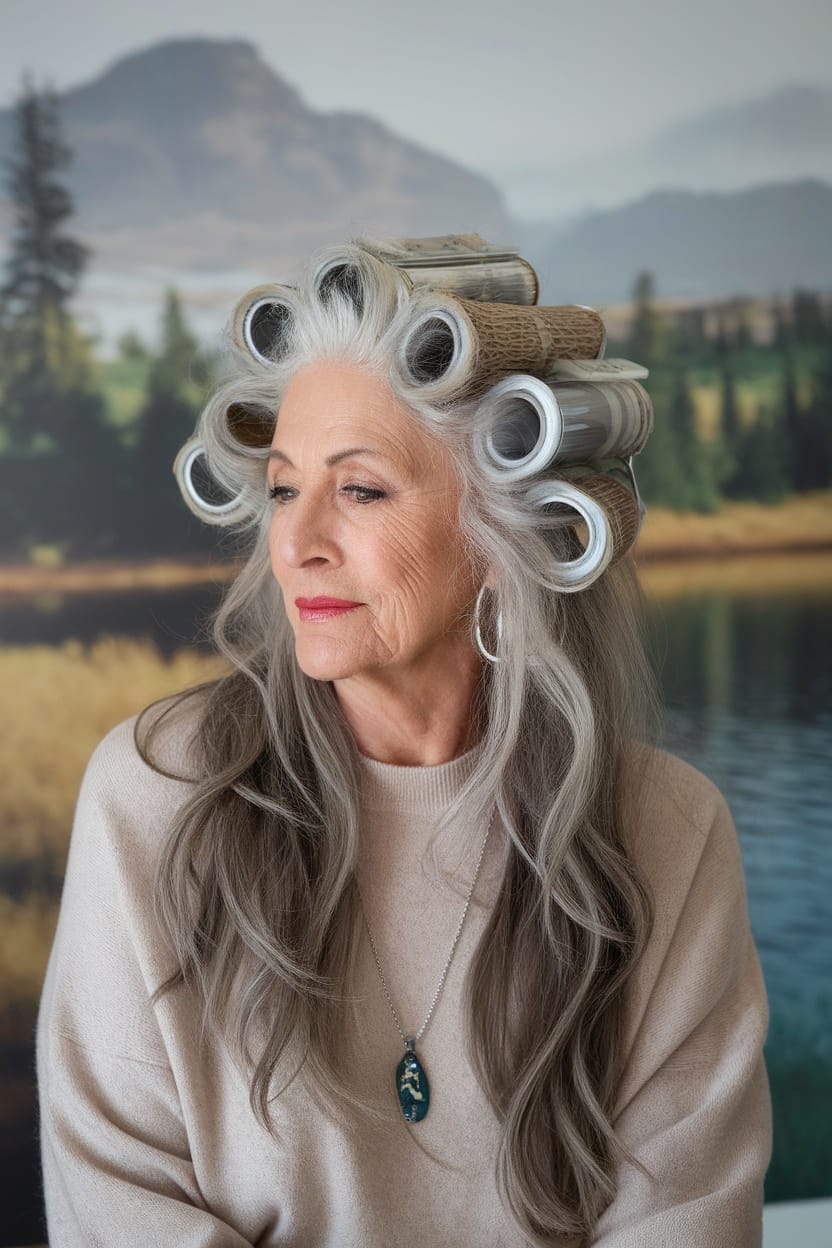 A woman with gray hair styled in rollers, looking elegantly poised.