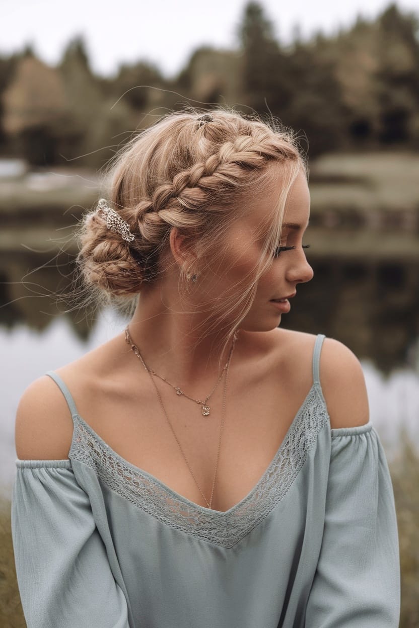 A woman wearing an off shoulder top with a braid crown hairstyle